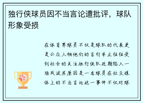 独行侠球员因不当言论遭批评，球队形象受损